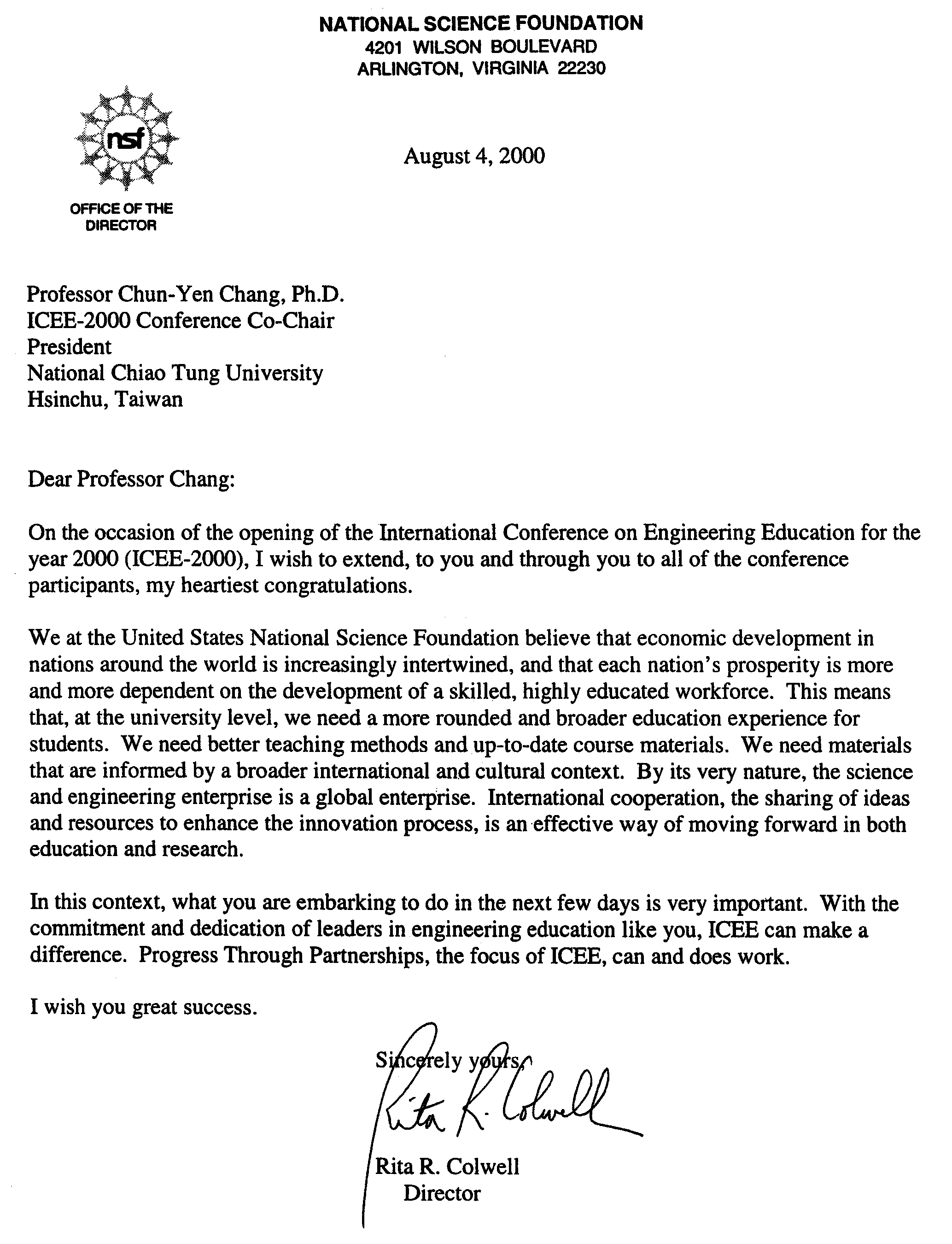 Congratulatory Letter to Prof. Chun-Yen Chang, President, National Chiao Tung University and ICEE-2000 Conference Co-Chair